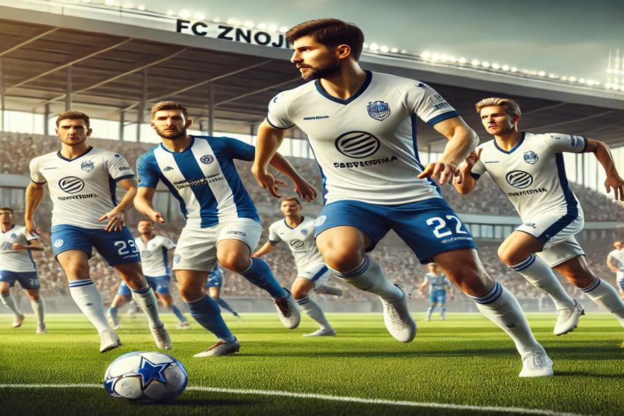 Zápas FC Znojmo a Moravský Krumlov. Hráči FC Znojmo oblékají bílé dresy, hráči Moravského Krumlova pak modrobílé. Vytvořil Chat GPT