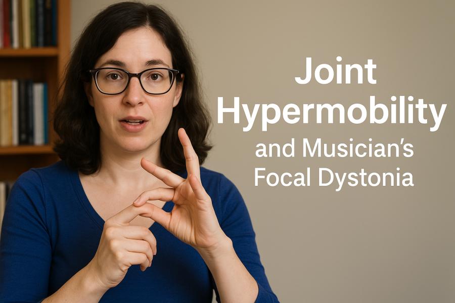 Ilustrace violistky vysvětlující hypermobilitu kloubů při hře na smyčcové nástroje, s ukázkou přetížení kloubů prstů a zápěstí. Vytvořil Chat GPT