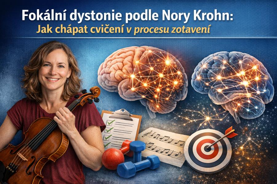Ilustrační obrázek k článku o fokální dystonii podle Nory Krohn, znázorňující violistku, mozek s nervovými spoji a propojení hudební hry s vědomým cvičením v procesu zotavení. Vytvořil Chat GPT