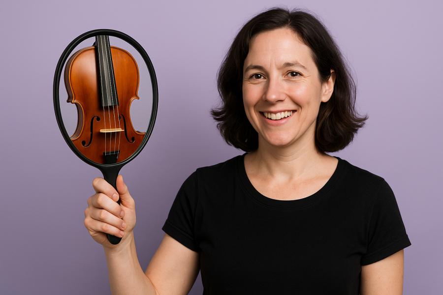 Portrétní fotografie Nory Krohn držené zrcadlo s odrazem violy, vytvořená jako ilustrační obrázek k článku o zrcadlové práci při zotavení z fokální dystonie. Vytvořil Chat GPT