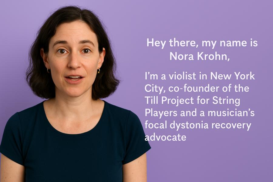 Nora Krohn sedí s violou v ruce a ukazuje na schéma lidské ruky a nástroje, ilustrační obrázek k článku o rozlišování struktury těla a struktury nástroje při zotavení z fokální dystonie. Vytvořil Chat GPT