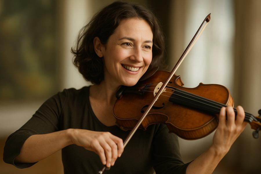 Nora Krohn držící violu, usmívající se v profesionálním portrétu s rozostřeným pozadím, vytvořeno jako ilustrační obrázek k článku. Vytvořil Chat GPT