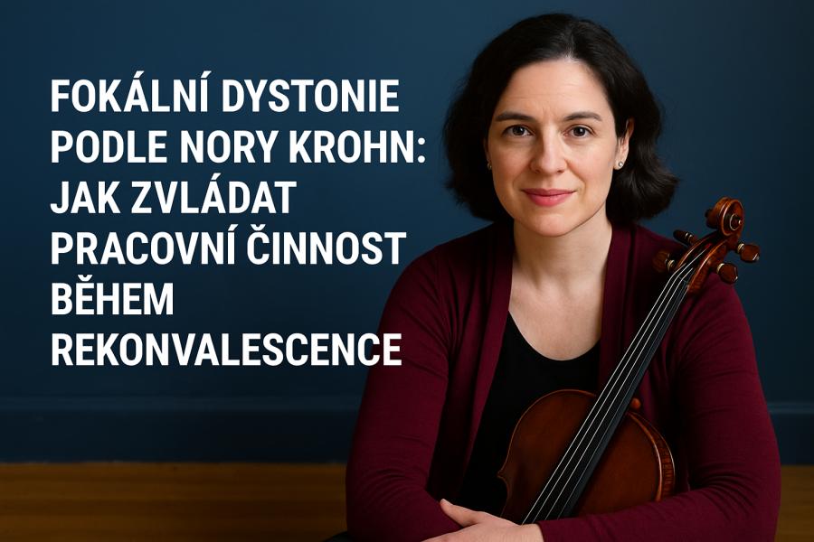 Portrét violistky Nory Krohn sedící s violou v rukou, s titulkem článku o zvládání pracovní činnosti během rekonvalescence z fokální dystonie. Tmavě modré pozadí a klidná atmosféra. Vytvořil Chat GPT