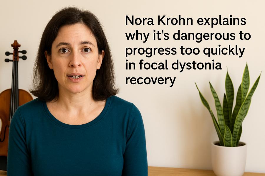Nora Krohn během výkladu o tom, proč je nebezpečné postupovat příliš rychle při zotavování z fokální dystonie; portrétní záběr s houslemi v pozadí. Vytvořil Chat GPT