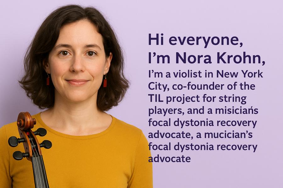 Pozadí s českým textem vysvětlujícím, jak mindfulness podporuje zotavení z fokální dystonie podle Nory Krohn. Vytvořil Chat GPT