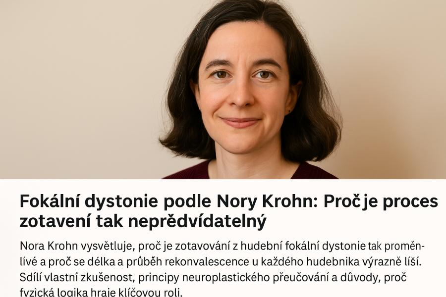 Portrétní obrázek Nory Krohn s titulkem článku o nepředvídatelném zotavení z fokální dystonie. Vytvořil Chat GPT
