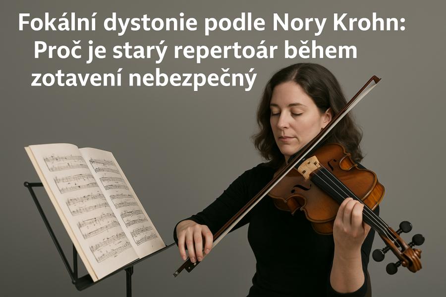 Nora Krohn hraje na violu před notovým stojanem, uprostřed soustředěné práce, s textovým titulkem článku o nebezpečí starého repertoáru během zotavení z fokální dystonie. Vytvořil Chat GPT