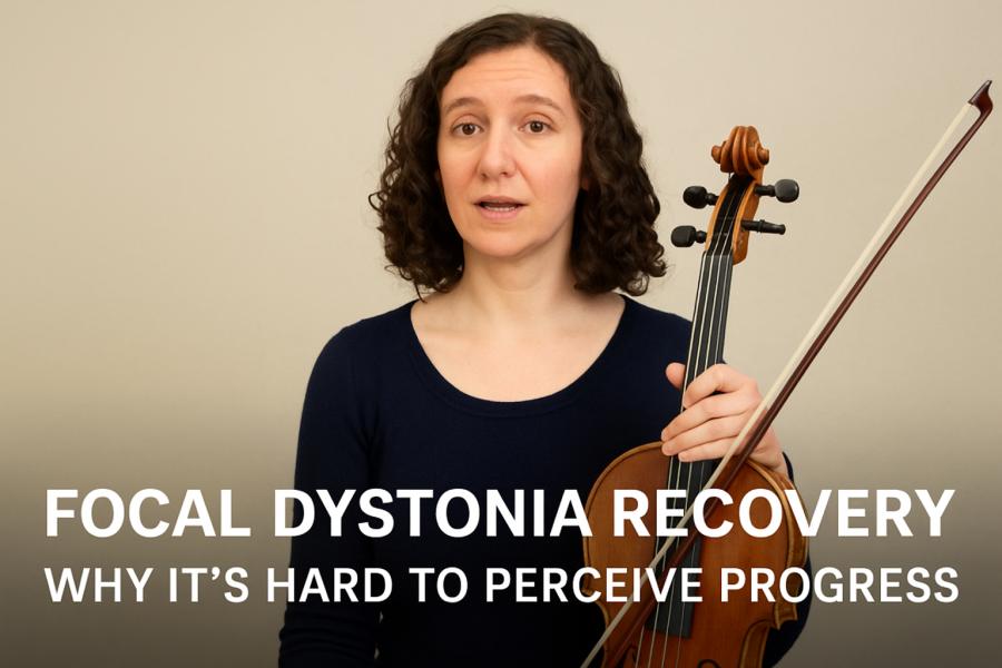 Violistka Nora Krohn drží violu a mluví o tom, proč je těžké vnímat pokrok při zotavení z fokální dystonie. Vytvořil Chat GPT