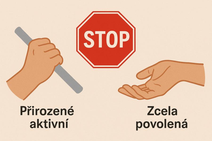 Ilustrace porovnává dvě polohy ruky: vlevo je ruka přirozeně aktivní a drží předmět, vpravo je ruka zcela povolená. Mezi nimi je stopka, která symbolizuje, že úplné uvolnění není řešením při zotavení z fokální dystonie. Vytvořil Chat GPT