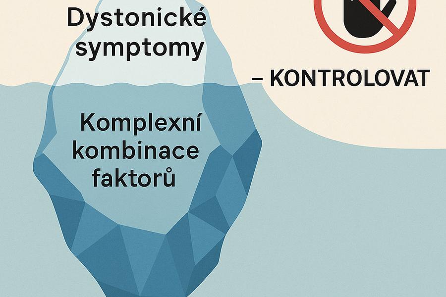Schéma ledovce: nad hladinou je malá část označená jako dystonické symptomy, pod hladinou velká část označená jako komplexní kombinace faktorů. Vedle je symbol „nekontrolovat“, který vyjadřuje, že zotavení není o řízení symptomů, ale o řešení jejich příčin