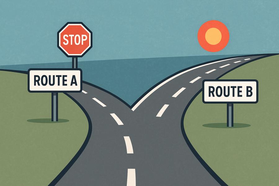 Ilustrace dvou cest symbolizujících Route A a Route B, kde Route A končí u stopky a Route B pokračuje plynule k cíli, což reprezentuje přechod k novému, zdravému pohybovému vzorci při zotavení z fokální dystonie. Vytvořil Chat GPT