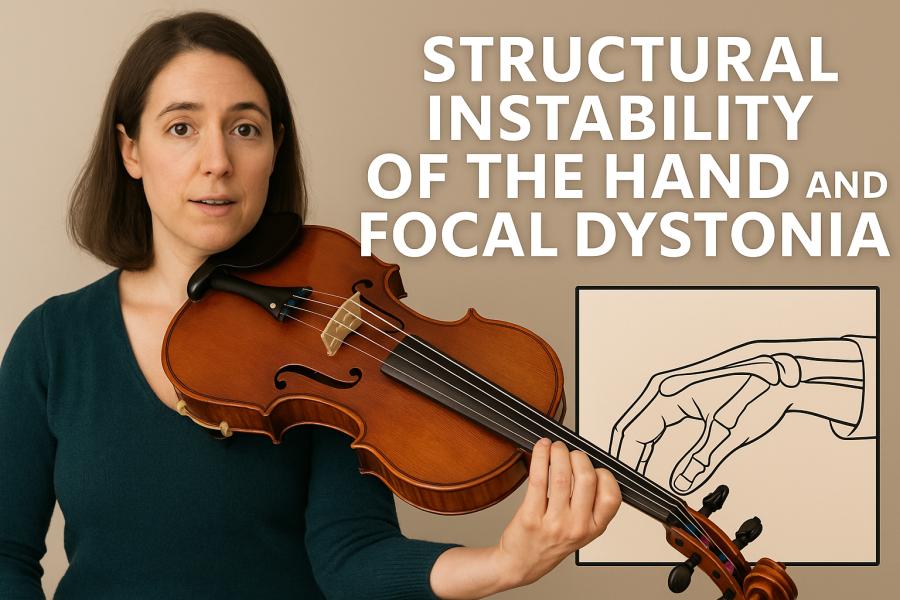 Violistka drží violu a vysvětluje souvislost mezi strukturální nestabilitou ruky a fokální dystonií; ilustrace zdravé techniky držení a podpory nástroje. Vytvořil Chat GPT