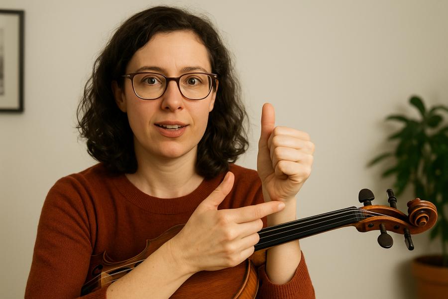 Violistka ukazuje správné zapojení levého palce při držení violy, s důrazem na přirozený pohyb palce a předloktí při hře; ilustrace souvisí se zotavováním z fokální dystonie. Vytvořil Chat GPT
