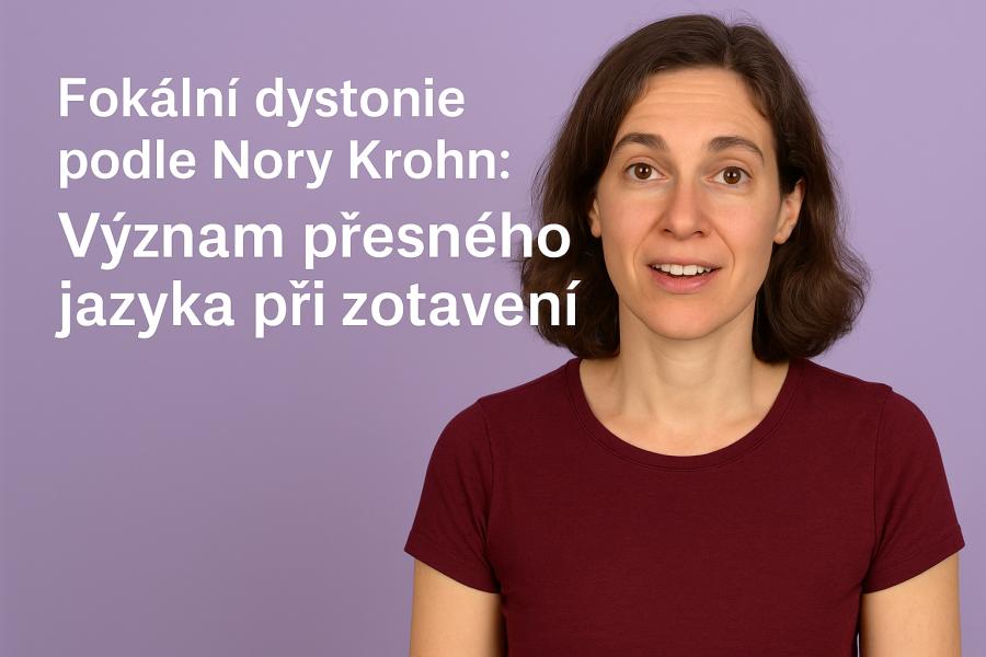 Nora Krohn stojí před jednobarevným světle fialovým pozadím, usmívá se do kamery a na levé straně je bílý nadpis článku o významu přesného jazyka při zotavení z fokální dystonie. Vytvořil Chat GPT