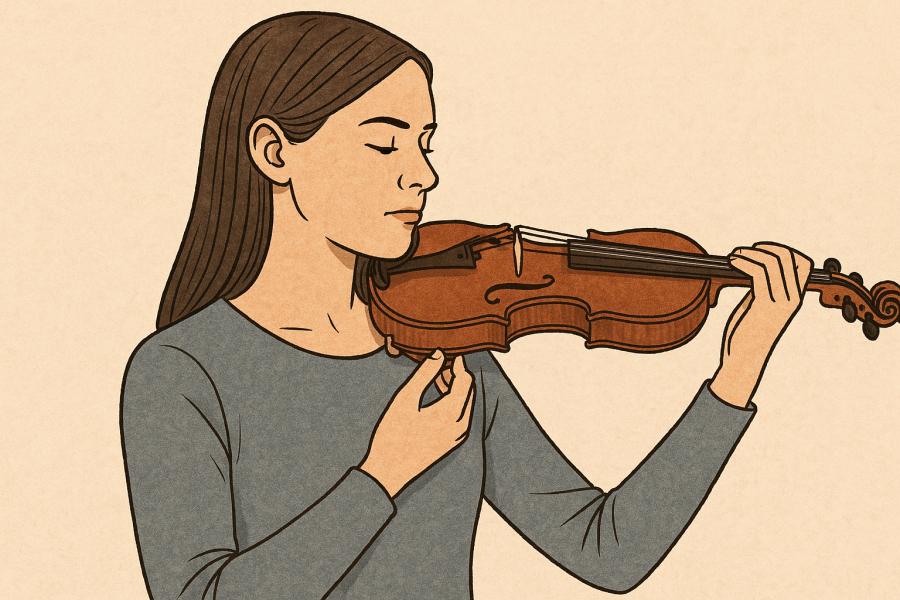 Ilustrace violistky, která přirozeně a uvolněně drží violu, s důrazem na správné nastavení nástroje a neutrální polohu hlavy, krku a ramen. Vytvořil Chat GPT