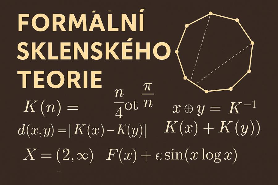 Schéma pravidelného mnohoúhelníku v pravé části a několik klíčových rovnic teorie: definici K(n), metriku d(x,y) = |K(x) − K(y)|, kompoziční operaci x ⊕ y = K⁻¹(K(x) + K(y)), fraktální funkci F(x) + ε sin(x log x) a definici prostoru X = (2, ∞). Ilustrace 