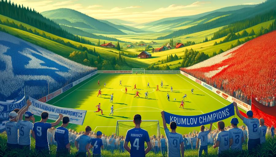 Obrázek zobrazující fotbalový zápas s jedním týmem v modrobílých dresech a druhým v červených dresech. Scéna je zasazena do krásné krajiny a modrobílí fanoušci drží transparenty s textem "Krumlovští mistři." Vytvořeno pomocí DALL·E