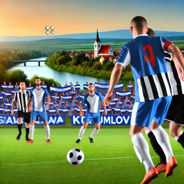 Probíhající fotbalový zápas, kdy jeden tým má na sobě modrobílé dresy a druhý tým v černobílých dresech. V pozadí je krásná krajina s řekou a fanoušky na tribunách s transparenty s nápisem „Krumlov“. Vytvořeno pomocí DALL·E