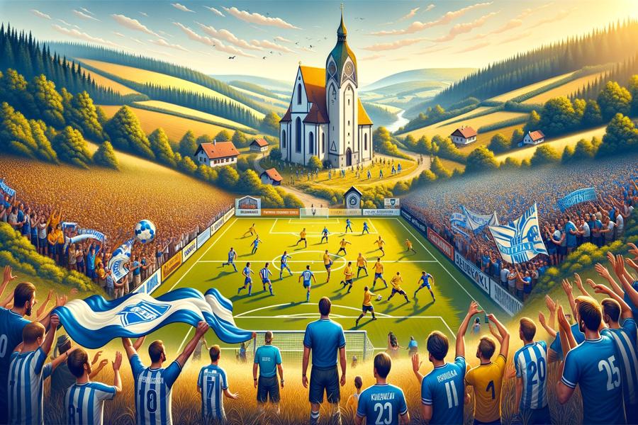 Obrázek zobrazující fotbalový zápas s jedním týmem v modrobílých dresech a druhým ve žlutých dresech. Utkání je zasazeno do krásné krajiny s kopci a kapličkou a fanoušci drží modrobílý transparent s nápisem "Krumlov". Vytvořeno pomocí DALL·E