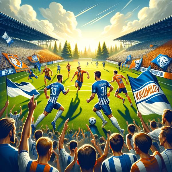 Na obrázku jsou týmy ve dresech modrobílých a oranžových, v pozadí jsou fanoušci s transparenty s nápisem "Krumlov" a v okolí je krásná příroda. Vytvořeno pomocí DALL·E