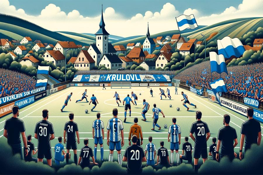 Obrázek fotbalového zápasu s jedním týmem v modrobílých dresech a druhým týmem v černých dresech, spolu s fanoušky držícími modrobílé transparenty s nápisem "Krumlov" a scénickým pozadím. Vytvořeno pomocí DALL·E