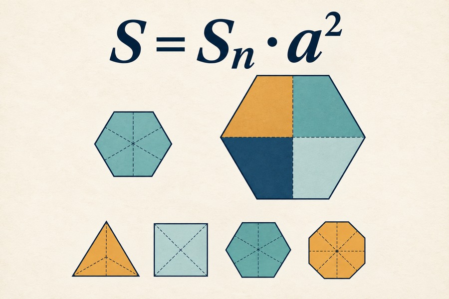 Vzorec S = Sₙ · a² nad dvěma různě velkými šestiúhelníky; dole rovnostranný trojúhelník, čtverec, šestiúhelník a osmiúhelník.
