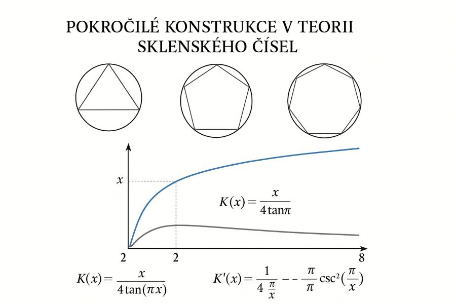 V horní části jsou tři pravidelné mnohoúhelníky – trojúhelník, pětiúhelník a sedmiúhelník – vepsané do kružnic. Pod nimi je kartézský graf funkce K(x) a její derivace K′(x), kde modrá křivka znázorňuje růst Sklenského funkce a šedá křivka její derivaci.