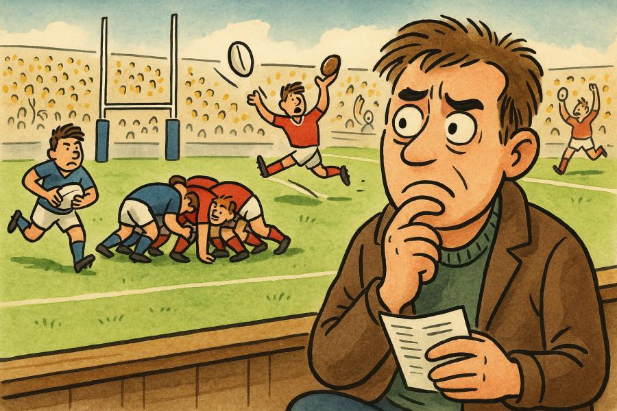 Zmatený divák sleduje zápas rugby, zatímco hráči v červených a modrých dresech bojují o míč; na hřišti vládne chaos a muž na tribuně se marně snaží pochopit pravidla. Vytvořil Chat GPT