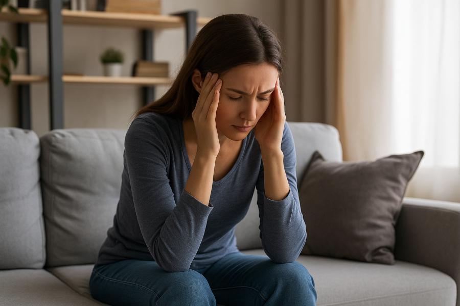 Žena sedící na pohovce, držící si hlavu v dlaních, vyjadřuje emocionální napětí a vnitřní bolest – symbol cesty zármutku k přijetí při uzdravování z fokální dystonie. Vytvořil Chat GPT