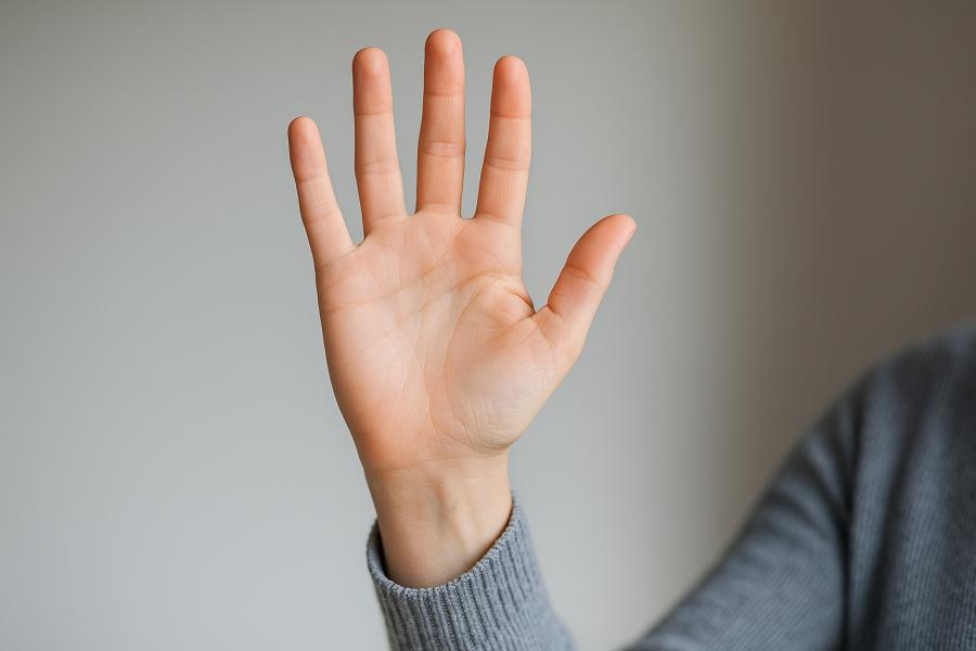 Detail otevřené lidské ruky v klidu, prsty lehce roztažené, zachycené v jemném přirozeném světle – symbol klidu, neutrality a vědomého vnímání při mentální technice Neutralized vision. Vytvořil Chat GPT