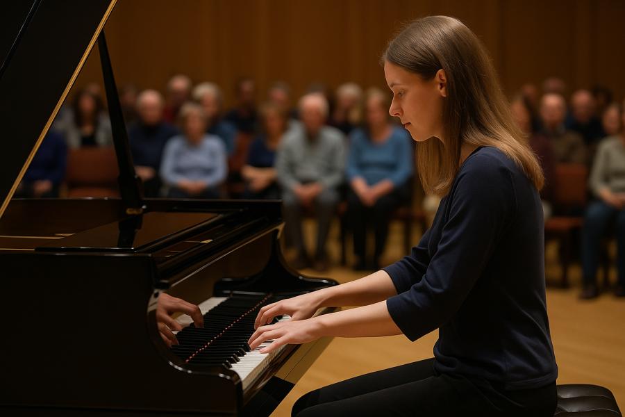 Mladá pianistka sedící u klavíru před publikem, s klidným výrazem a soustředěním, zachycující vztah mezi emocemi, vnímáním a pohybem při překonávání fokální dystonie. Vytvořil Chat GPT