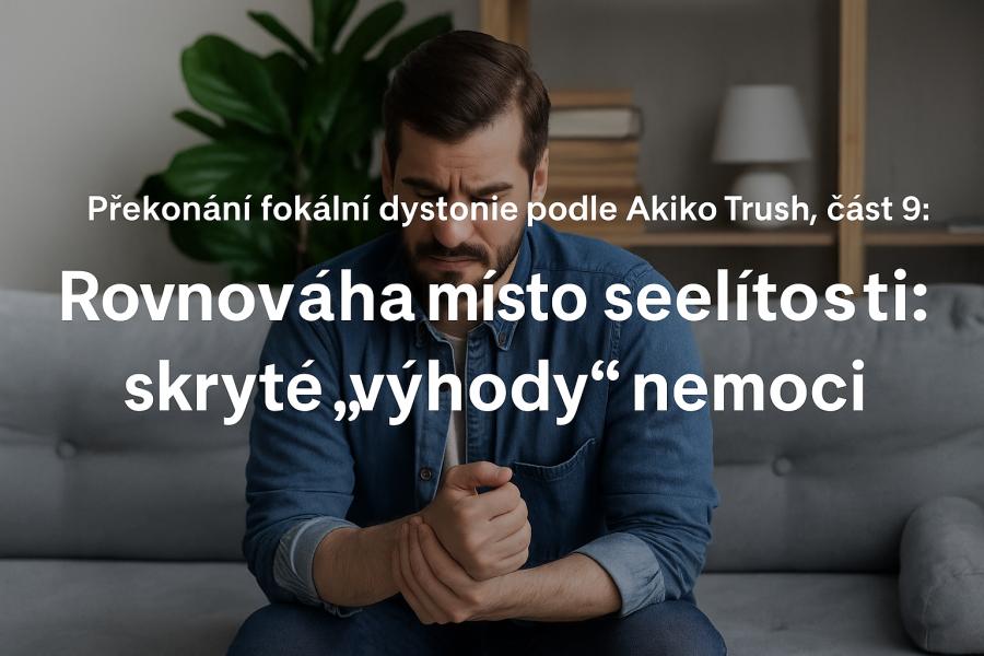 Muž sedící na pohovce, dívající se zamyšleně na své ruce – obraz symbolizuje introspekci, přijetí a hledání rovnováhy při uzdravování z fokální dystonie. Vytvořil Chat GPT
