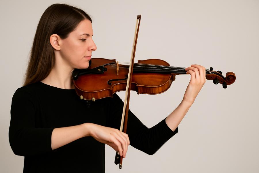 Houslistka drží housle a smyčec s uvolněným zápěstím, které je v přímé linii s předloktím a prsty. Je vidět přirozený postoj, bez lámání zápěstí, podle rady Nory Krohn. Vytvořil Chat GPT
