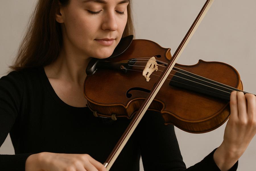 Mladá houslistka s dlouhými vlasy hraje v klidném prostředí, oči má zavřené, výraz soustředěný a uvolněný. Její tělo je přirozeně opřené dolů, paže i ruce působí lehce a v rovnováze s gravitací. Vytvořil Chat GPT