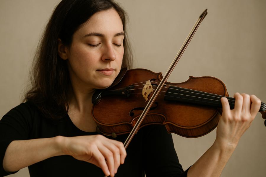 Mladá houslistka s klidným výrazem hraje v jemném světle. Její předloktí vede pohyb při vibratu, zatímco zápěstí a prsty přirozeně následují. Atmosféra působí uvolněně, soustředěně a harmonicky. Vytvořil Chat GPT