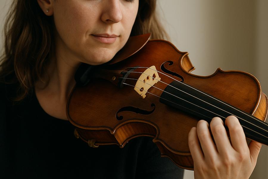 Mladá houslistka s hnědými vlasy hraje v klidném prostředí, oči má zavřené a její levá ruka se přirozeně opírá o hmatník. Prsty jsou uvolněné, v harmonii s pohybem předloktí, a měkké světlo zdůrazňuje soustředěný výraz i propojení ruky s nástrojem. Vytvoři