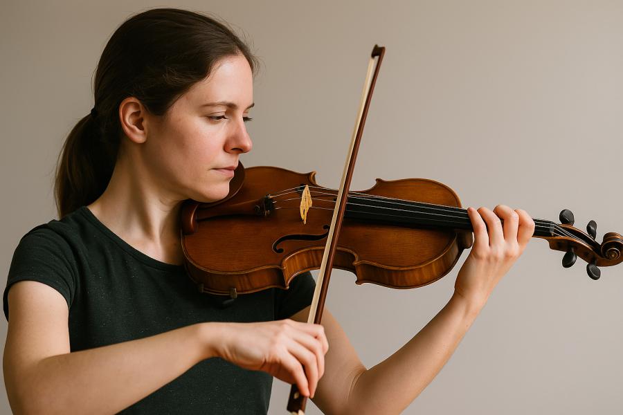 Houslistka při hře na housle z bočního pohledu. Její levá ruka má přirozeně zakulacené prsty nad hmatníkem, palec je lehce opřený o krk houslí a ruka působí uvolněně. Scéna je osvětlena měkkým světlem a má neutrální pozadí. Vytvořil Chat GPT