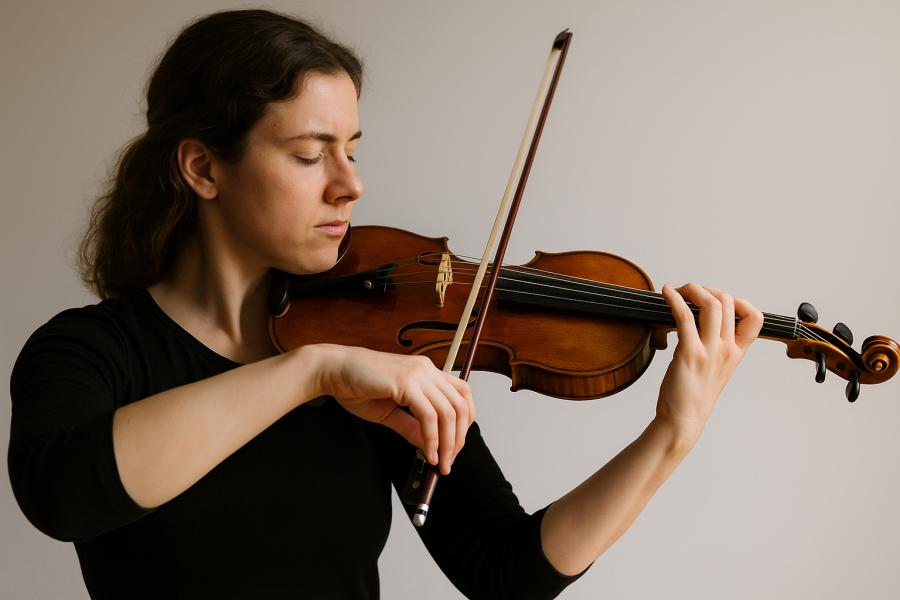 Houslistka hraje v profilu, zachycena ve chvíli soustředění. Její pohyb je plynulý – prsty, zápěstí a paže spolupracují bez napětí. Přirozené světlo a neutrální pozadí zdůrazňují harmonii a propojení celého těla při hře. Vytvořil Chat GPT