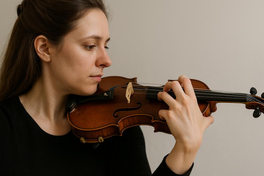 Houslistka zachycená z boku při hře na housle. Její levá ruka se jemně přibližuje po hmatníku, prsty jsou přirozeně zakulacené a paže se pohybuje vpřed v souladu s rukou. Scéna má neutrální pozadí a je osvětlena měkkým přirozeným světlem. Vytvořil Chat GPT