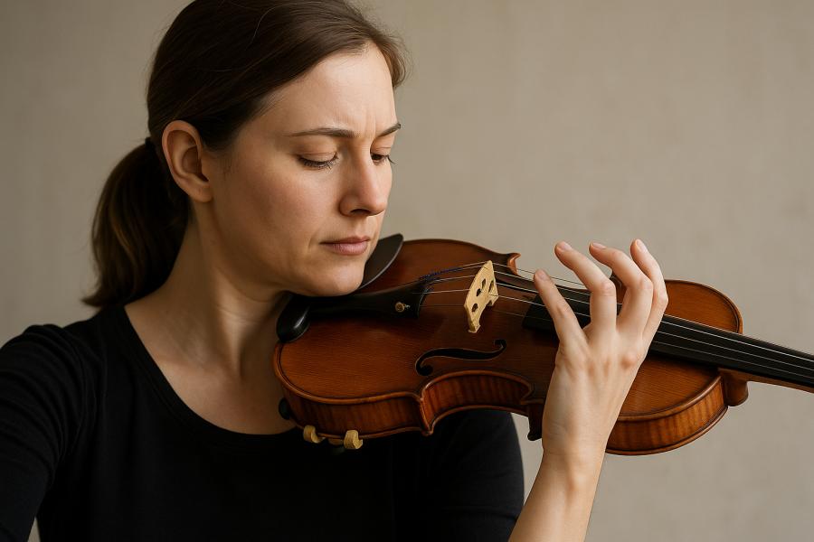 Houslistka hraje s klidem a soustředěním, zachycena z profilu v měkkém denním světle. Její prsty se přirozeně zvedají nad struny bez napětí, ruka i zápěstí působí uvolněně a v harmonii s tělem. Vytvořil Chat GPT