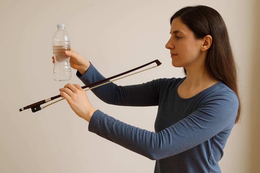 Houslistka během cvičení drží v jedné ruce houslový smyčec a v druhé plastovou lahev. Ukazuje princip přirozeného uvolnění a koordinace paže, hraje v klidném prostředí s neutrálním pozadím a jemným denním světlem. Vytvořil Chat GPT