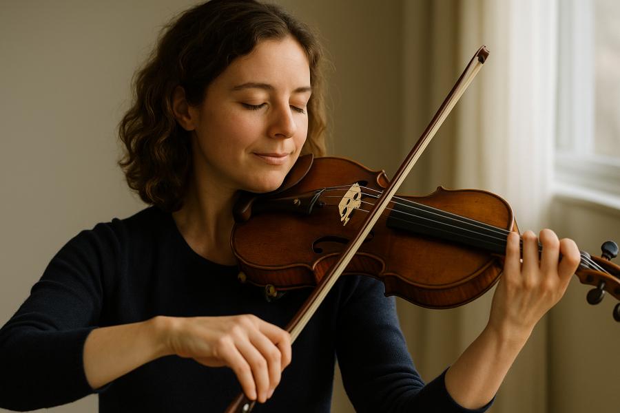 Mladá houslistka hraje v klidné místnosti zalité měkkým denním světlem. Má zavřené oči a klidný výraz, její postoj i ruce působí přirozeně a uvolněně. Fotografie vyjadřuje rovnováhu, jistotu a vnitřní soustředění při hře. Vytvořil Chat GPT
