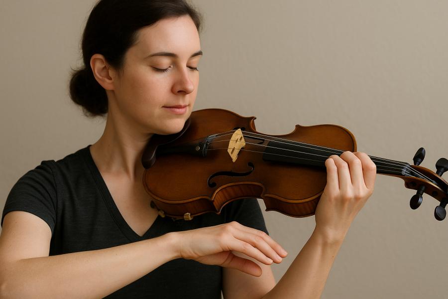 Houslistka s klidným výrazem hraje v měkkém denním světle. Její prsty, ruka a předloktí tvoří přímou linii, která ukazuje přirozené zarovnání a uvolněný postoj při hře. Vytvořil Chat GPT