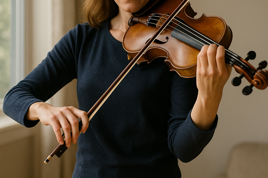 Mladá houslistka hraje v klidné místnosti, rovnoměrně rozložená na obou nohách. Její paže jsou uvolněné a přirozeně propojené s tělem, což vyjadřuje princip rovnováhy a stability při hře. Měkké světlo a neutrální pozadí vytvářejí harmonickou atmosféru. Vyt