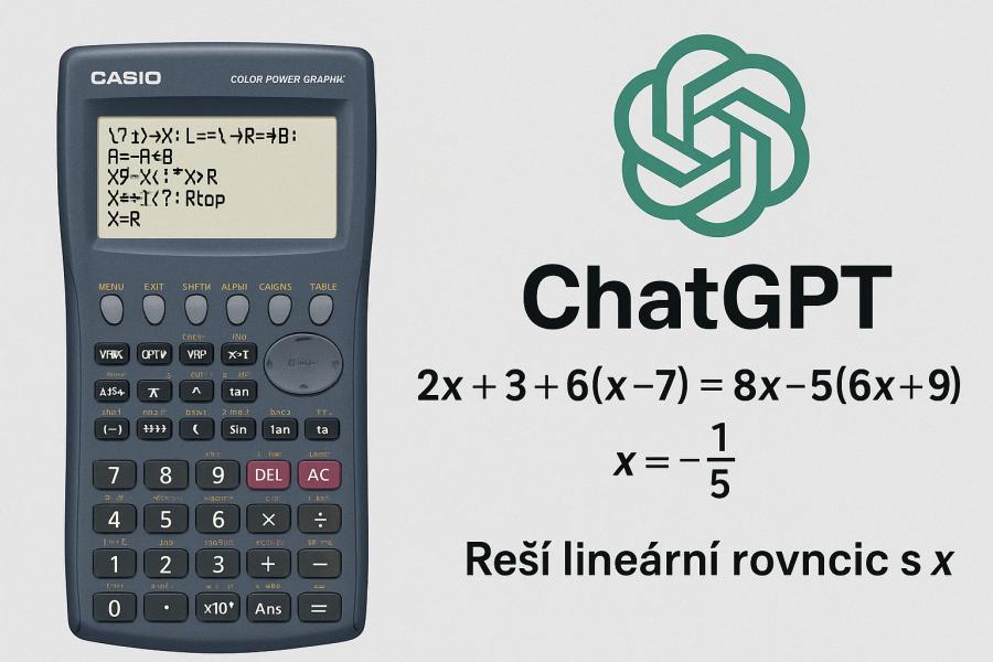 Ilustrace s kalkulačkou Casio CFX-9850GB zobrazující program pro řešení lineárních rovnic. Vytvořil Chat GPT
