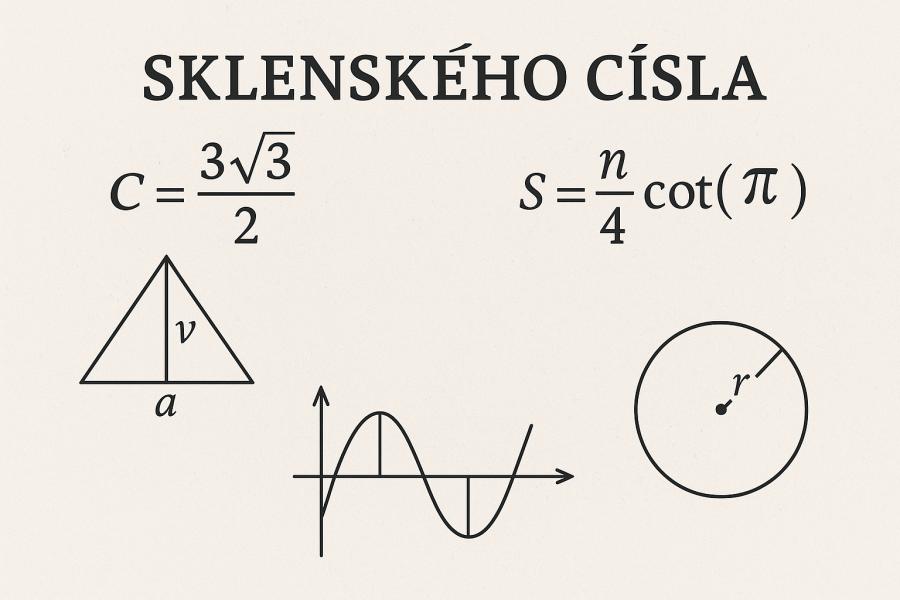 Ilustrace s matematickými vzorci a geometrickými tvary znázorňujícími Sklenského čísla, včetně rovnice 3√3/2, obecného vzorce pro n-úhelník, rovnostranného trojúhelníku, grafu sinusové funkce a kruhu s poloměrem. Vytvořil Chat GPT