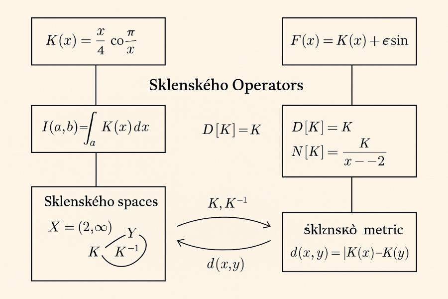 Diagram obsahuje hlavní vztahy K(x), Sklenského integrál I(a,b), operátory D a N, fraktální funkci F(x), definici prostoru X = (2, ∞), jeho obrazem Y pod funkcí K a Sklenského metriku d(x,y) = |K(x) − K(y)|. Vytvořil Chat GPT