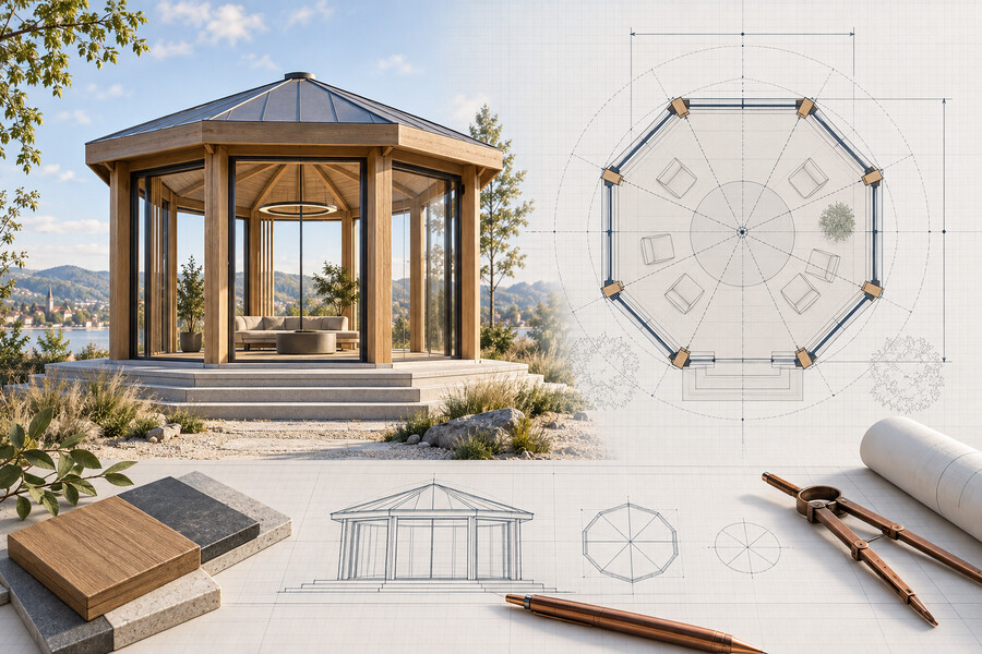 Osmiúhelníkový pavilon vedle technického půdorysu rozděleného na shodné trojúhelníky ukazuje cestu od matematického koeficientu ke skutečným rozměrům stavby.
