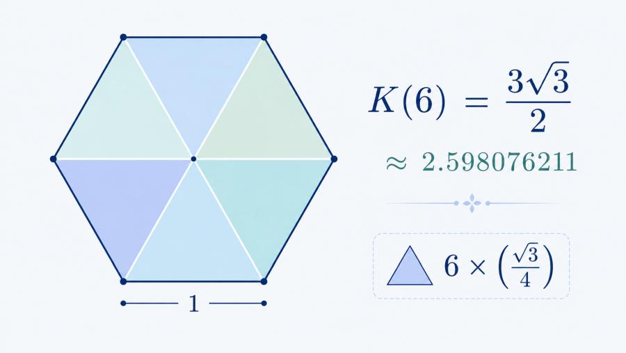 Diagram pravidelného šestiúhelníku se stranou jedna. Šestiúhelník je rozdělený ze středu na šest shodných rovnostranných trojúhelníků. Vedle obrázku je vzorec K(6) = 3√3 / 2, přibližně 2,598076211.