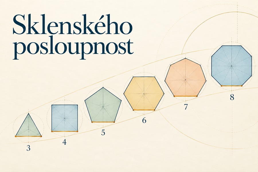 Sklenského posloupnost znázorněná pravidelnými mnohoúhelníky od trojúhelníku po osmiúhelník, s vyznačenými jednotkovými stranami a počty stran 3 až 8.